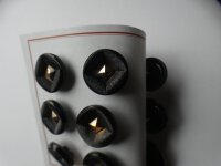 12 Stück Alte Glasknöpfe auf Musterkarte Knopfkarte Antik ca.23mm Schwarz/Gold schimmernd