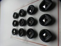 12 Stück Alte Glasknöpfe auf Musterkarte Antik Schwarz innen Silber schimmernd ca.23mm